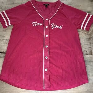 Forever 21 Women's Pink V-Neck New York Graphic Jersey Top‎ L GUC